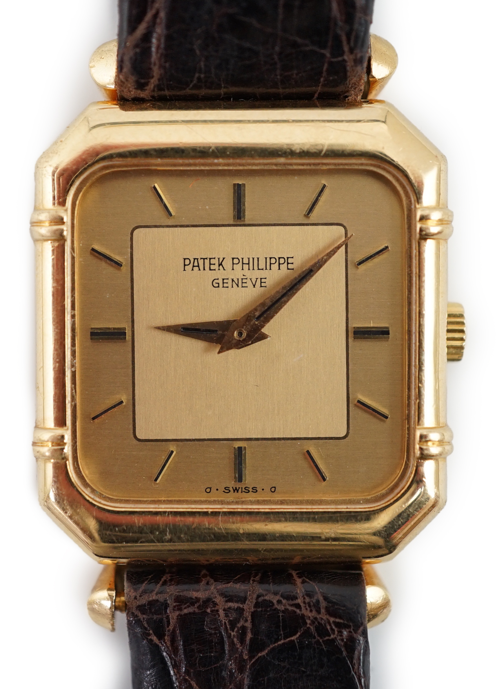 A lady's 18ct gold Patek Philippe manual wind square dial wrist watch